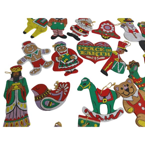 No Brand Other - Vintage Wooden Christmas Ornaments Hand Painted Double Sided Set of 28